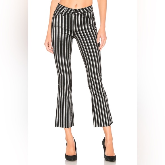 PAIGE Colette Crop Flare Metallic Striped Jeans w Raw Hem Silver Black Stripe 25 - Picture 8 of 14